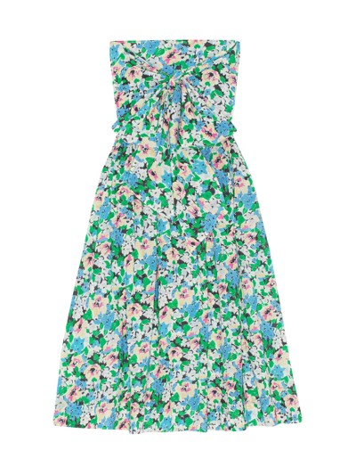 knee length dresses for ladies Ganni BLUE FLORAL CRINKLED SATIN LONG DRESS