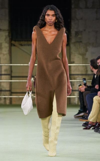 Bottega Veneta Alpaca Mohair V-neck Midi Dress In Brown