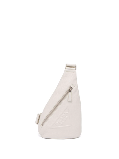Prada Men's Leather Triangle Logo Sling Crossbody Bag In Chalk White