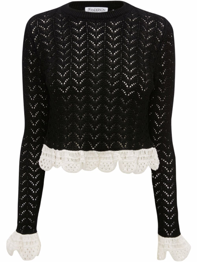 Jw Anderson Frill Detail Long Sleeve Crochet Effect Top In Black