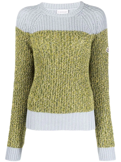 Moncler Colorblock Cotton Blend Crewneck Sweater In Green