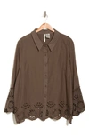 Forgotten Grace Button Down Eyelet Trim Shirt In Olive