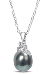 Delmar Sterling Silver Diamond With 8-9mm Cultured Black Tahitian Pearl Necklace In Black