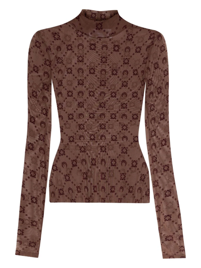 Marine Serre Moonogram Flocked Mesh Turtleneck Top In Brown