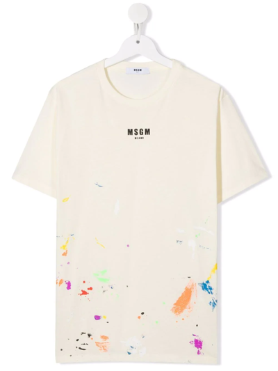 Msgm Kids' Paint-splattered Logo T-shirt In Cream