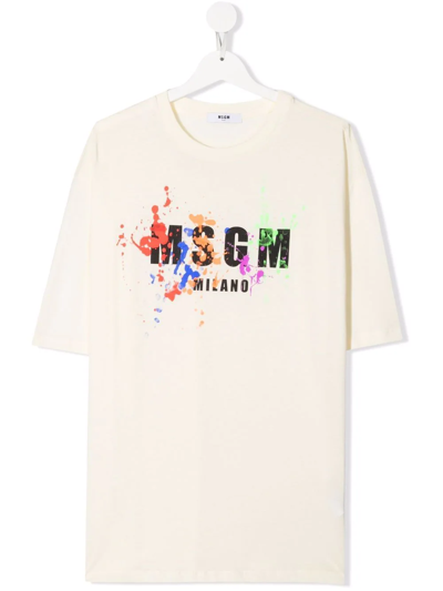 Msgm Teen Painterly-print Logo T-shirt In Neutrals