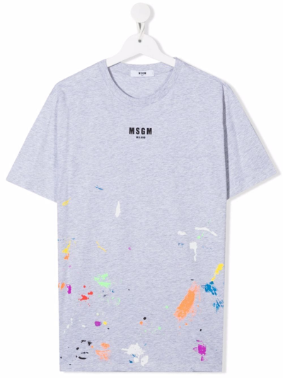 Msgm Kids' Paint-splatter Print T-shirt In Grey