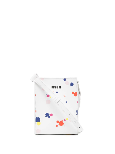 Msgm Paint-splatter Calfskin Crossbody Bag In White