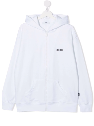 Msgm Teen Logo-print Zippered Hoodie In White