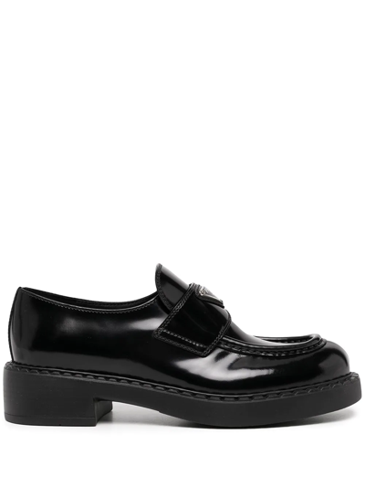 Prada Triangle-logo Leather Loafers In Black