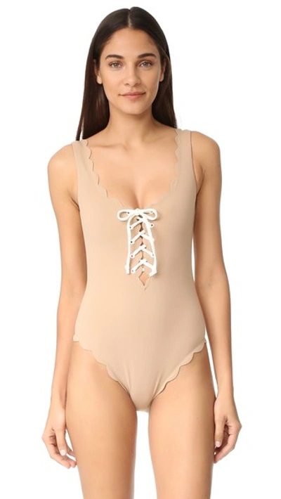 Marysia Palm Springs One-piece Textured Lace-up Maillot In Tan-white