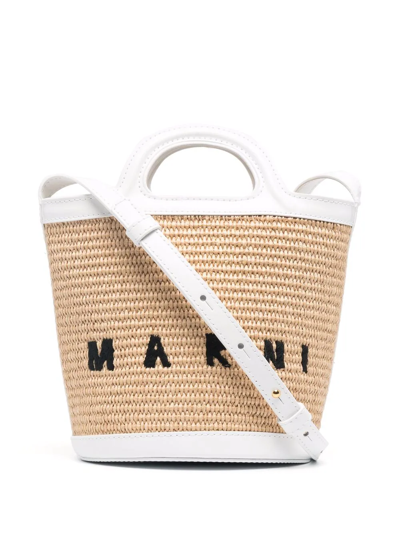 Marni Embroidered-logo Woven Bucket Bag In Brown