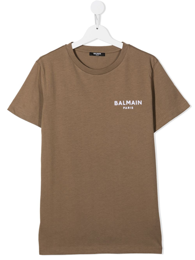 Balmain Teen Logo-print Cotton T-shirt In Marrone