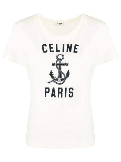 Pre-owned Celine  Logo-print Round-neck T-shirt In White