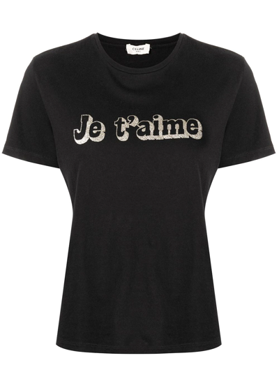 Pre-owned Celine  Slogan-print Round-neck T-shirt In Black