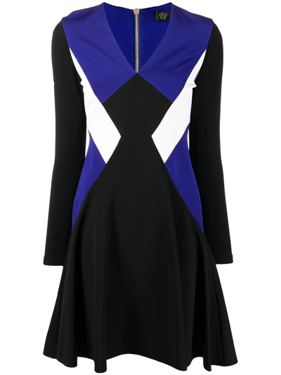 Pre-owned Versace 2010 Colour-block Flared Dress In Black