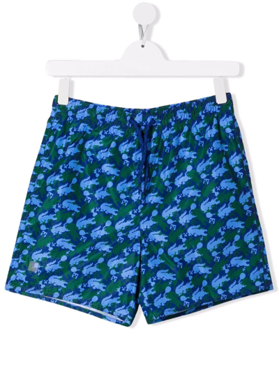 Lacoste Kids' All-over Logo-print Swim Shorts In Blue