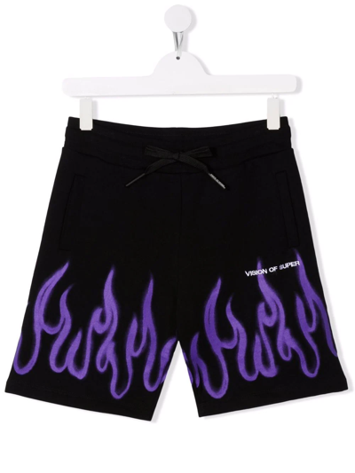 Vision Of Super Kids' Flame-print Track Shorts In Black