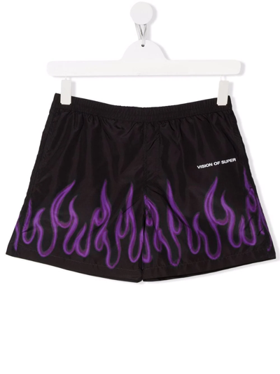 Vision Of Super Teen Flame-print Swim Shorts In Black