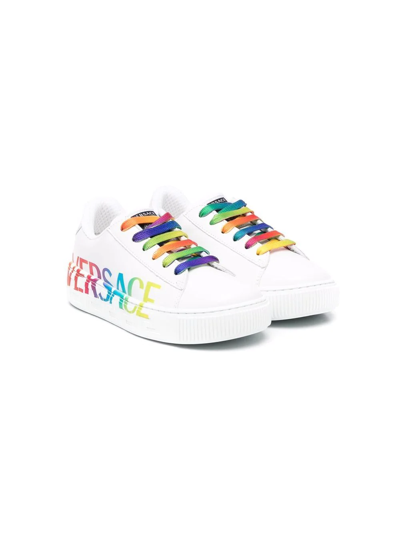 Versace Kids' Logo Print Lace-up Leather Sneakers In White/oth
