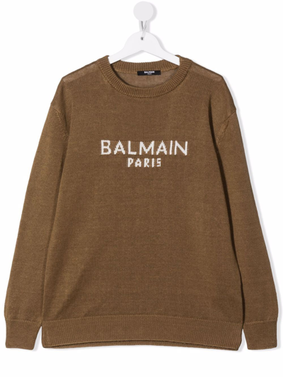 Balmain Teen Embroidered-logo Jumper In Brown