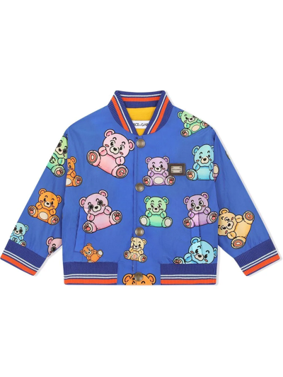 Dolce & Gabbana Babies' Nylon Bomber Jacket With Teddy-bear Print In Multicolor
