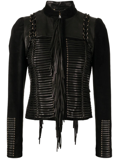 Pre-owned Gucci Panelled Fringed Leather Jacket In Black