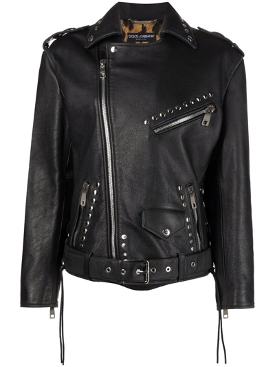 Dolce & Gabbana Studded Belted Biker Jacket In Black