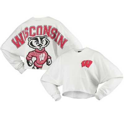 Spirit Jersey Women's White Wisconsin Badgers Raw Hem Cropped Long Sleeve T-shirt