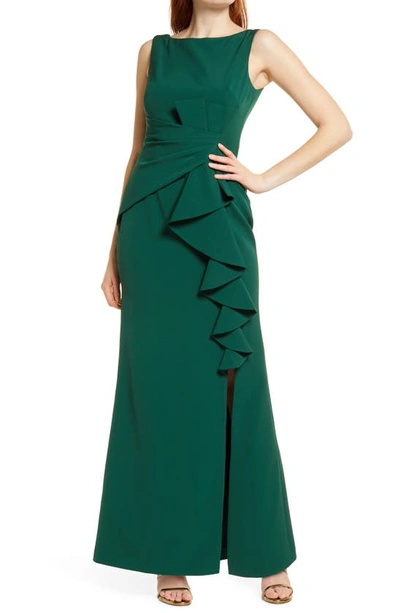 Eliza J Sleeveless Cascading-ruffle Gown In Hunter