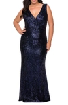 La Femme Sequin V-neck Trumpet Gown In Navy
