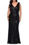 La Femme Sequin V-neck Trumpet Gown In Black