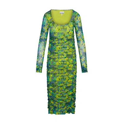 Ganni Women's Printed Gathered Nylon Midi Dress In Multi