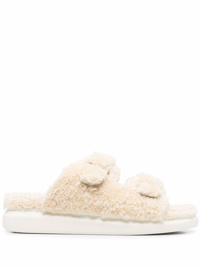 Alexander Mcqueen Shearling-trim Open Toe Sandals In Neutrals