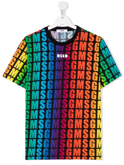 Msgm Kids Black T-shirt With All-over Printed Multicolor Logo