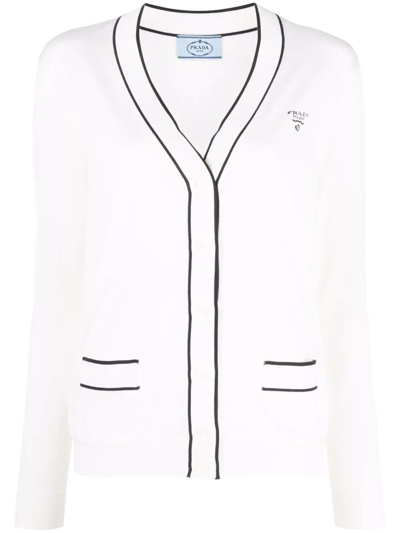 Prada Logo-knitted V-neck Cardigan In White