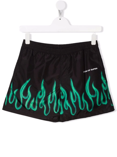 Vision Of Super Kids' Flame-print Swimshorts In Black