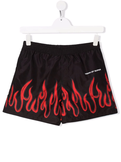 Vision Of Super Kids' Flame-print Swim Shorts In Black