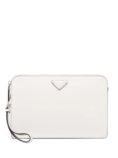 Prada Saffiano Triangle-logo Pouch In White