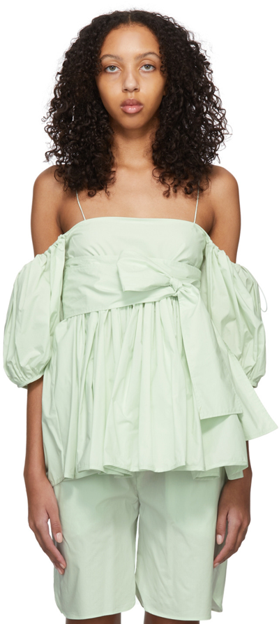 Cecilie Bahnsen Fallon Cold-shoulder Bow-detailed Cotton Top In Green