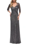 La Femme Ruched Sequin Column Gown In Gunmetal