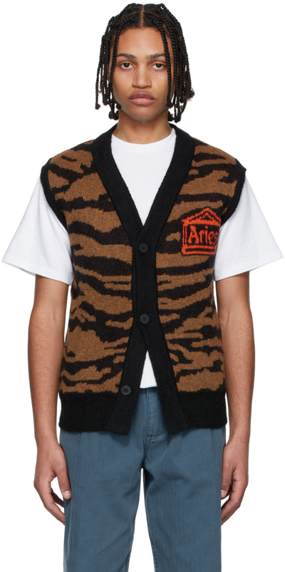 Aries Tiger-print Sleeveless Logo Print In Brown,black