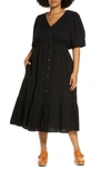 Madewell Lightspun Button Front Tiered Midi Dress In True Black