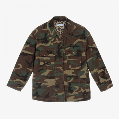 Dolce & Gabbana Kids' Camouflage Print Cotton Jacket In Green