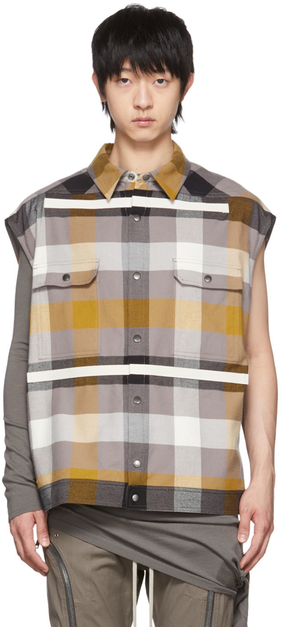 Rick Owens Grey & Yellow Check Jumbo Outershirt Vest In 34 Dust Plaid
