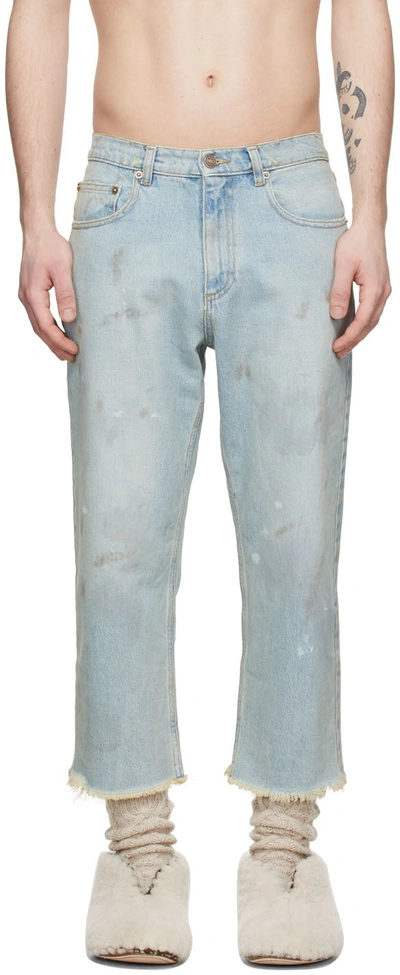 Erl Distressed Cropped Straight-leg Jeans In Blue
