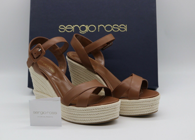 Pre-owned Sergio Rossi Scarpe Donna Ankle Strap Platform Wedge Brown Leather Sandals $575