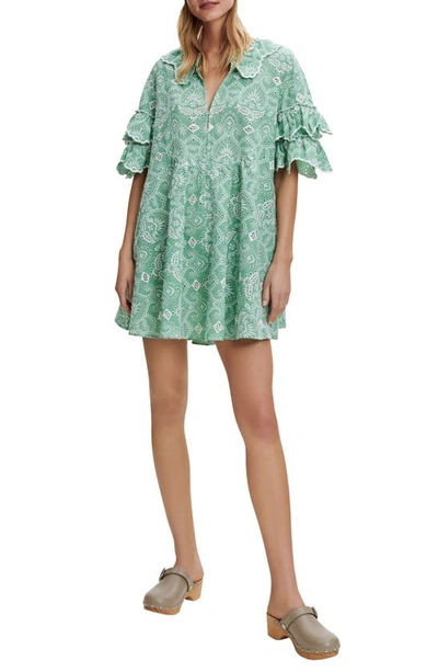 Maje Raberie Embroidered Ruffled Cotton Mini Dress In Light Green / |  ModeSens