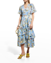 Tanya Taylor Brittany Floral Tiered Wrap Midi Dress In Chalk Floral Oxfo