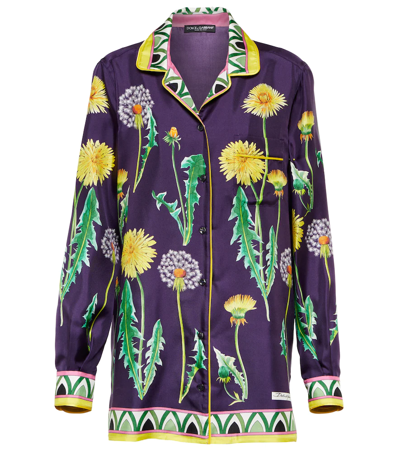 Dolce & Gabbana Printed Oversized Silk Twill Shirt In Purple